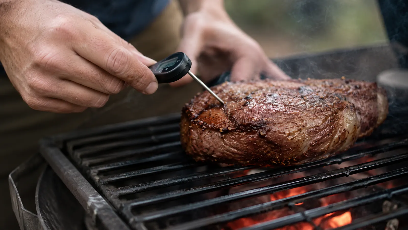 Backyard griller checking steak temperature on a charcoal grill at dusk with an instant-read thermometer