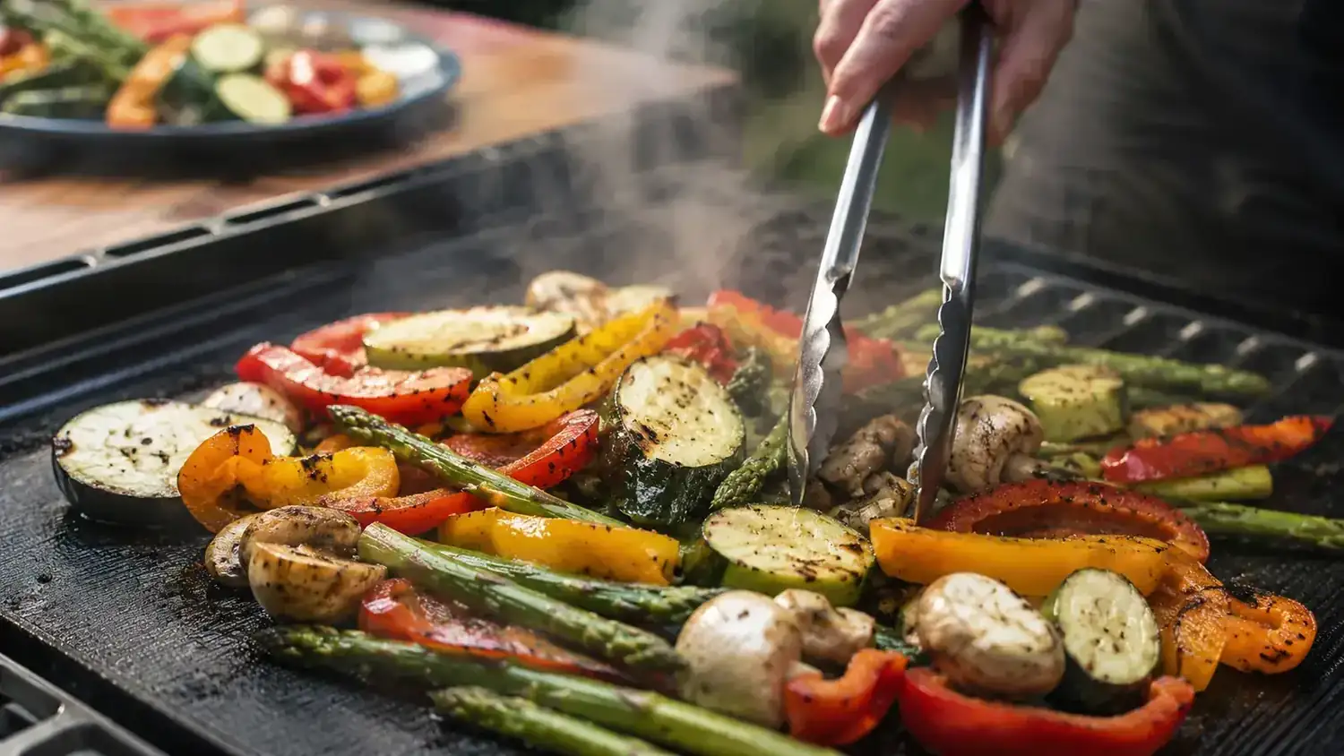 Black non-stick grill mat laid flat on charcoal grill grates with vegetables and shrimp cooking on top, backyard setting