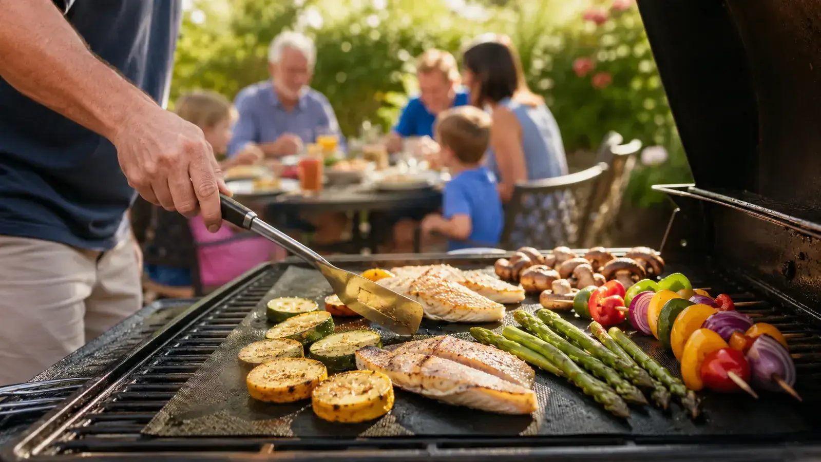 Asparagus spears and mushroom slices grilling perfectly on a non-stick mat with no food lost through the grates