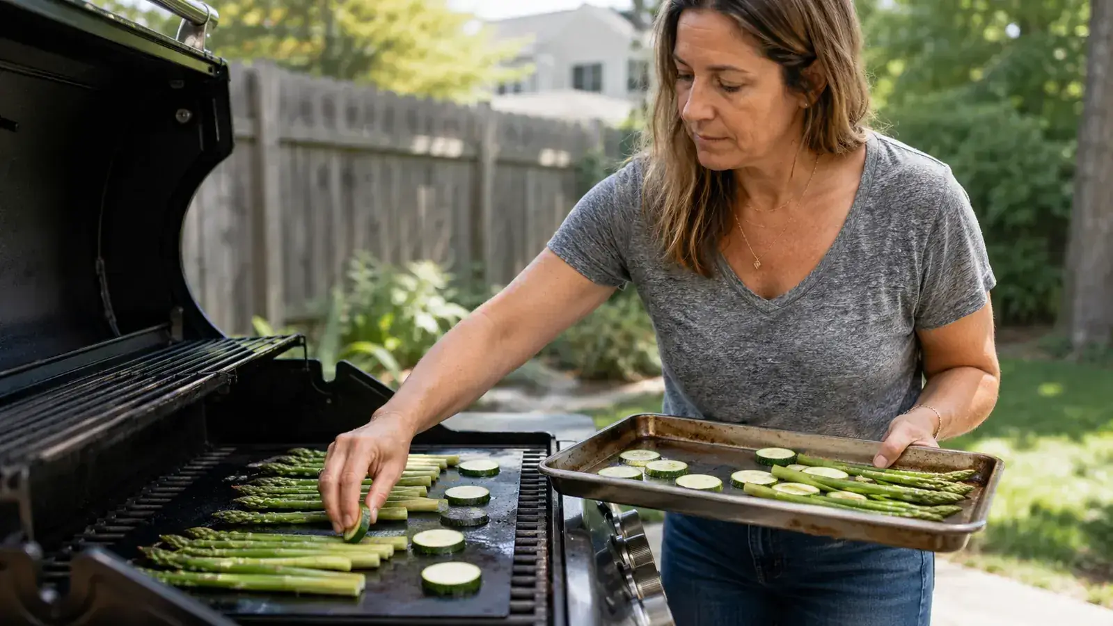 Shrimp and sliced vegetables cooking on a non-stick grill mat over glowing charcoal, late afternoon light