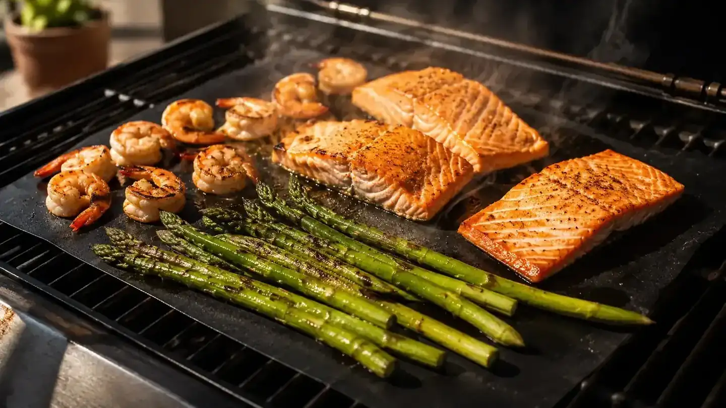 Black non-stick grill mat lying flat on the grates of a charcoal grill with the lid open, nothing cooking on it yet, backyard setting