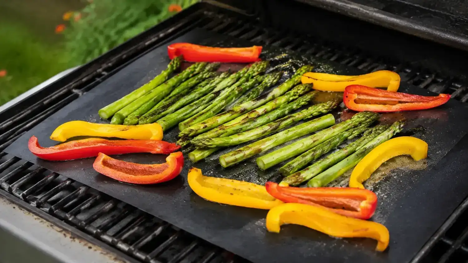 Black non-stick grill mat laid flat on charcoal grill grates with sliced vegetables cooking on top in morning backyard light