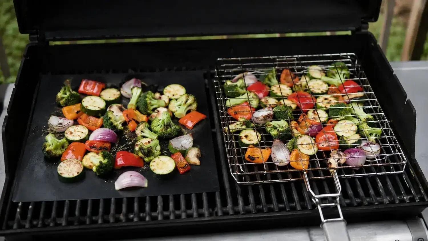 Grilled vegetables and shrimp cooking on a black non-stick grill mat over hot charcoal grates