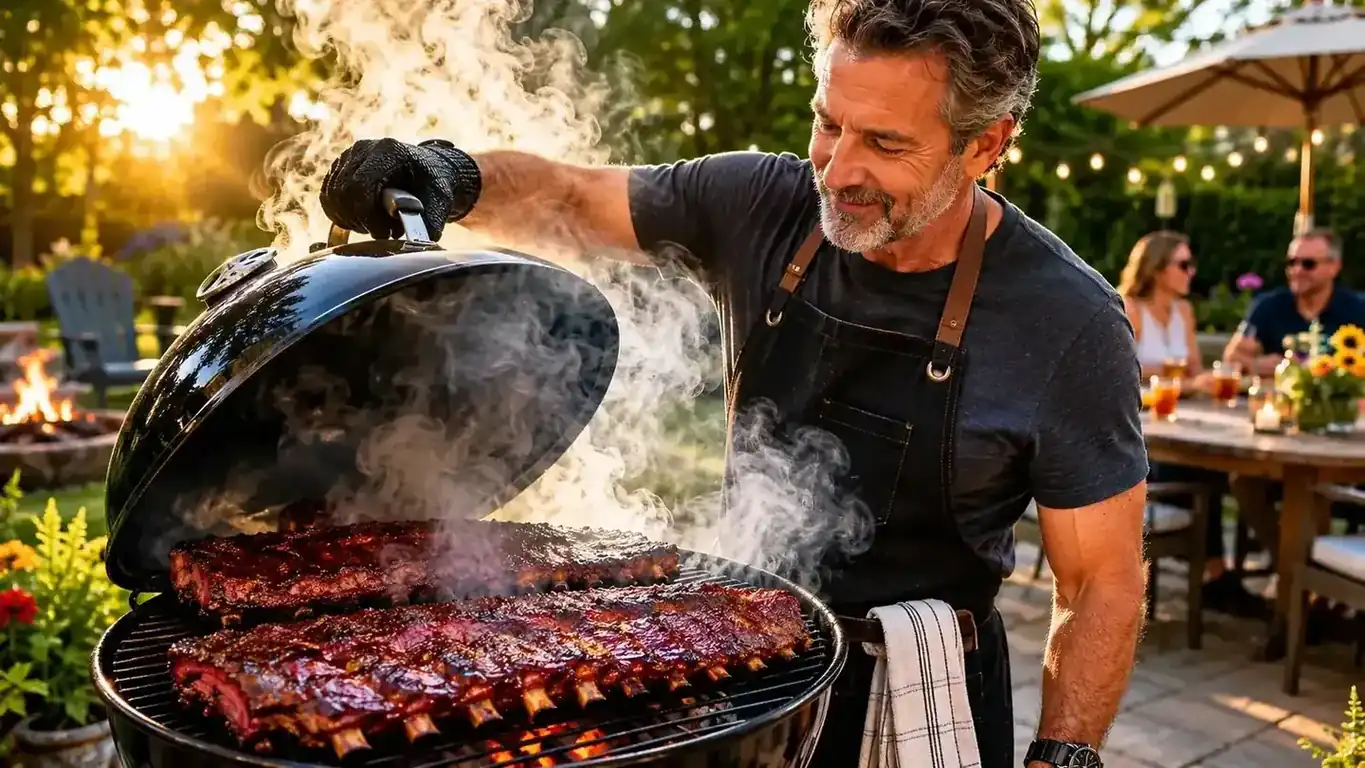 A backyard griller tending glowing charcoal on a kettle grill at golden hour with smoke rising
