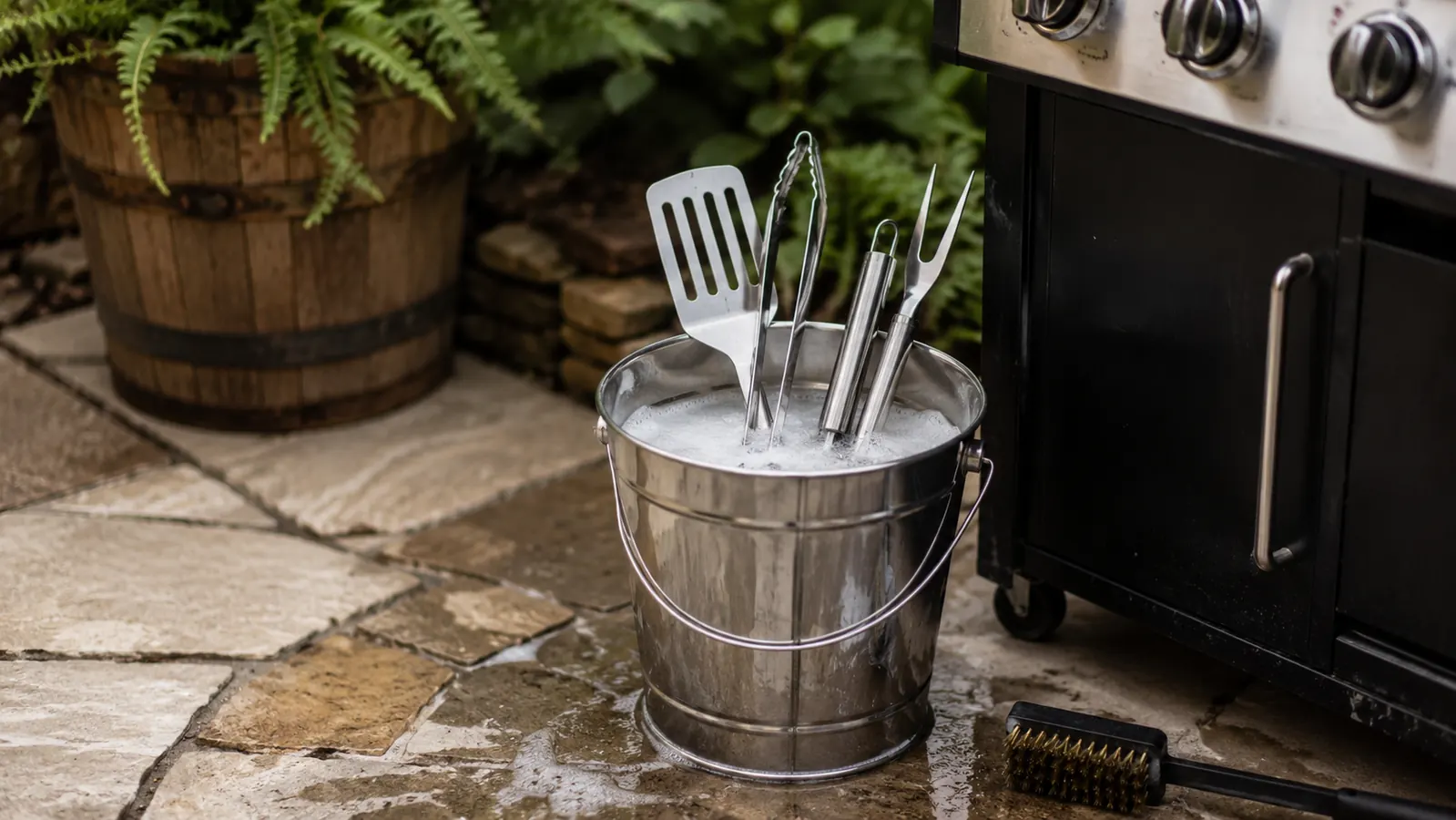 Clean stainless steel grill spatula and tongs laid on a wooden picnic table beside a charcoal grill after a cookout