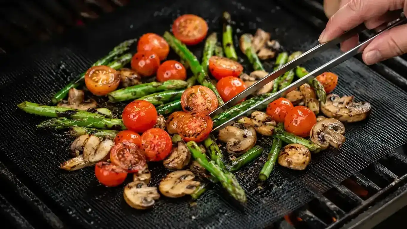 Colorful grilled vegetables including zucchini, red peppers, and asparagus laid out on a backyard grill grate in warm evening light