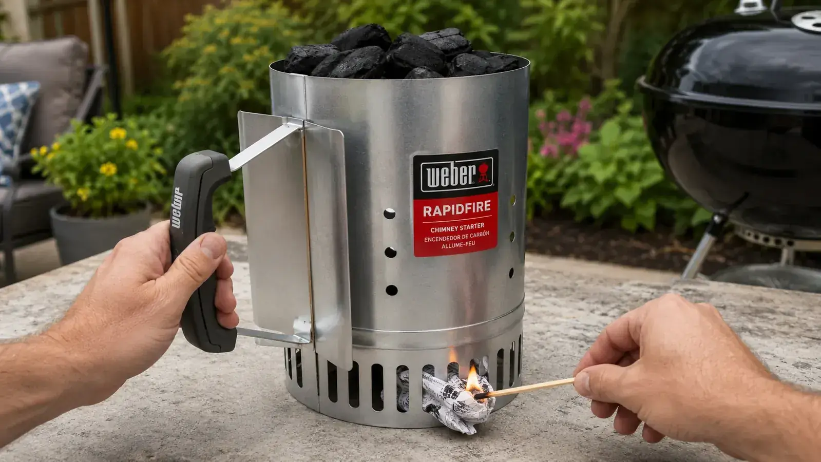 Hand placing two sheets of newspaper underneath a Weber chimney starter on a concrete patio