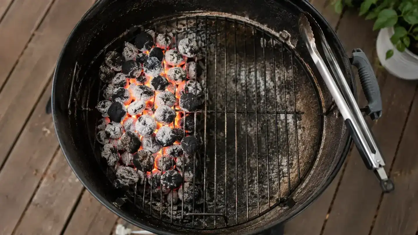 Backyard charcoal grill with visible two-zone coal arrangement, hot side glowing orange and empty cool side ready for indirect cooking, late afternoon light