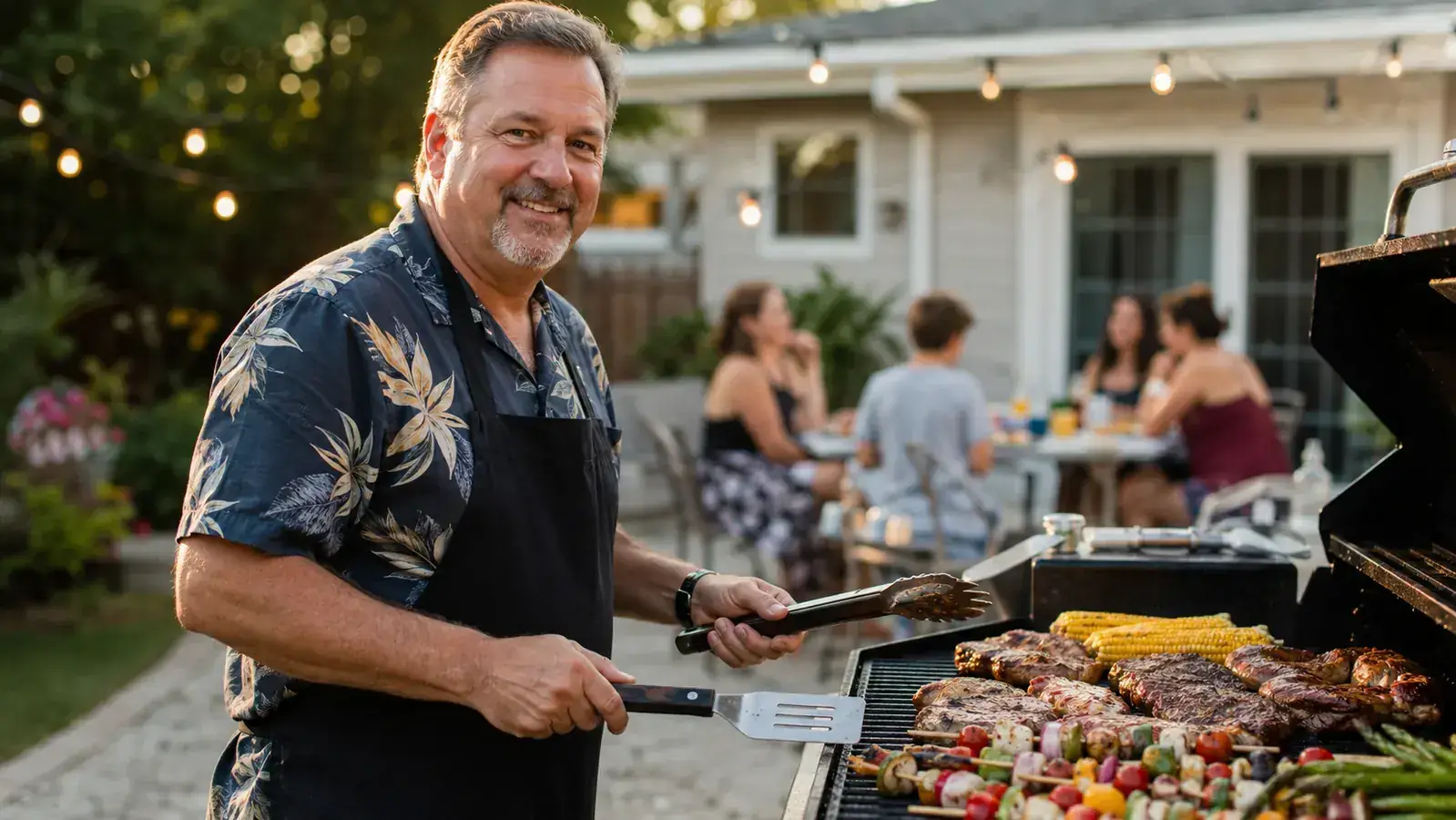 Man flipping burgers on a charcoal grill with a long-handled stainless steel spatula on a sunny backyard afternoon