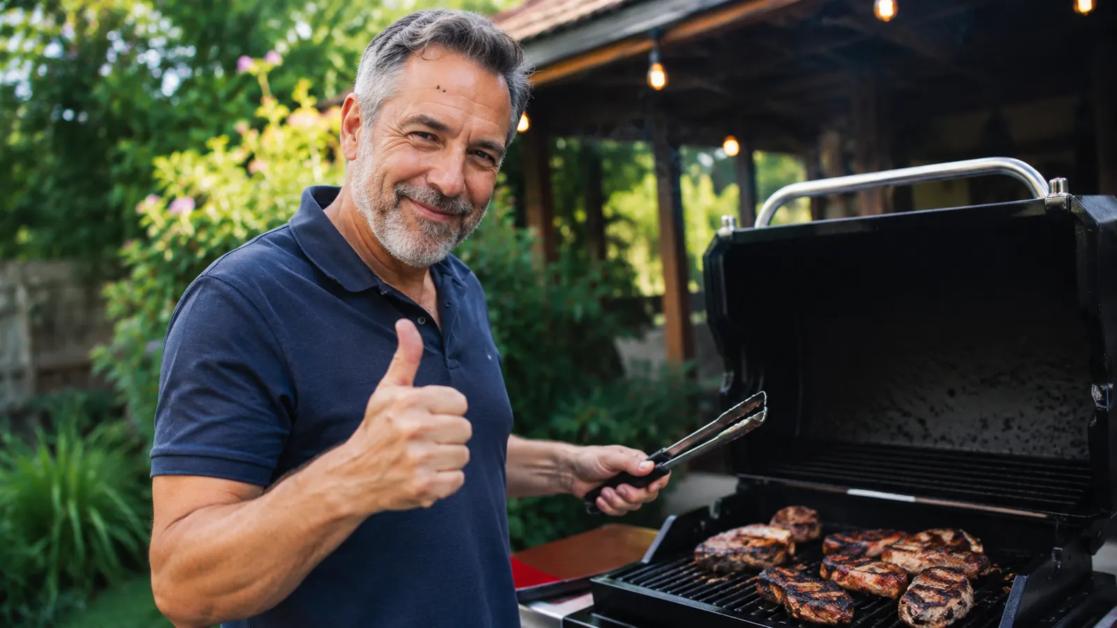 Dale grilling ribs with the ROMANTICIST tongs on a backyard charcoal grill at dusk