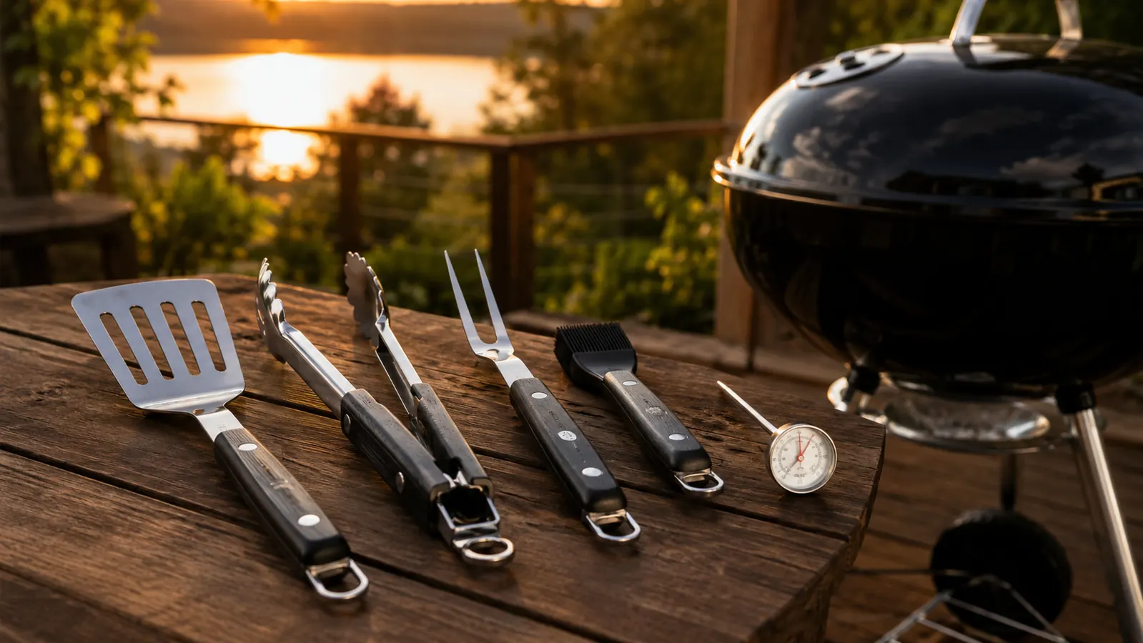 ROMANTICIST 23-piece BBQ tool set laid out on a weathered wood picnic table beside a charcoal grill