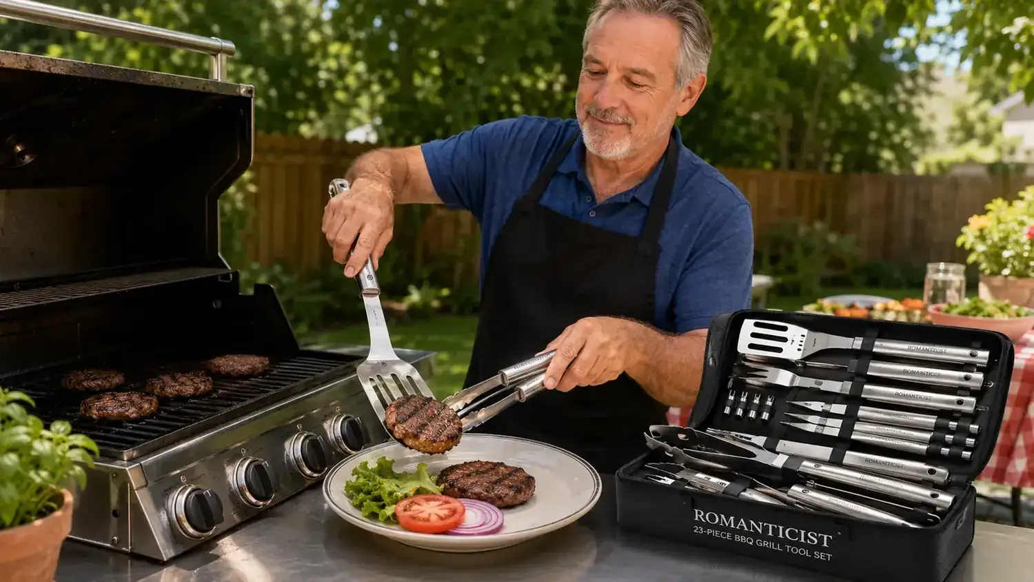 Hand gripping the ROMANTICIST tongs to flip a thick ribeye steak over charcoal grates
