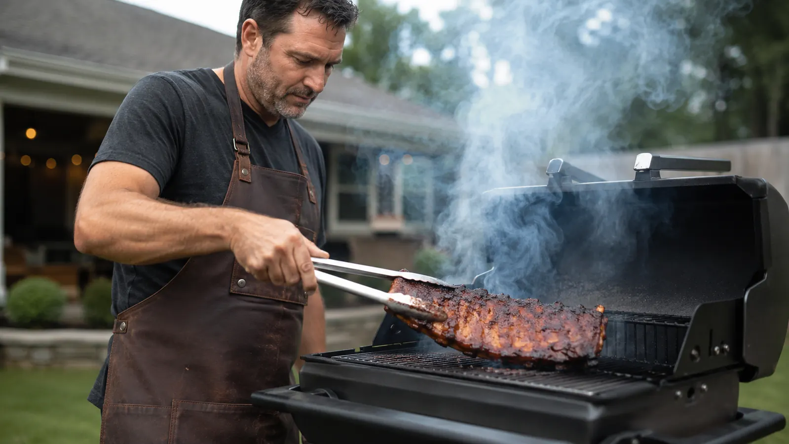 ROMANTICIST BBQ tool set in its carrying case stored in a garage shelf next to a bag of charcoal