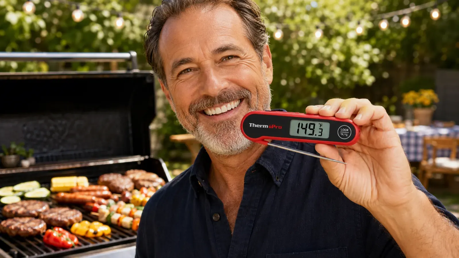 Close-up of a hand inserting an instant-read meat thermometer into the side of a thick steak on a grill grate