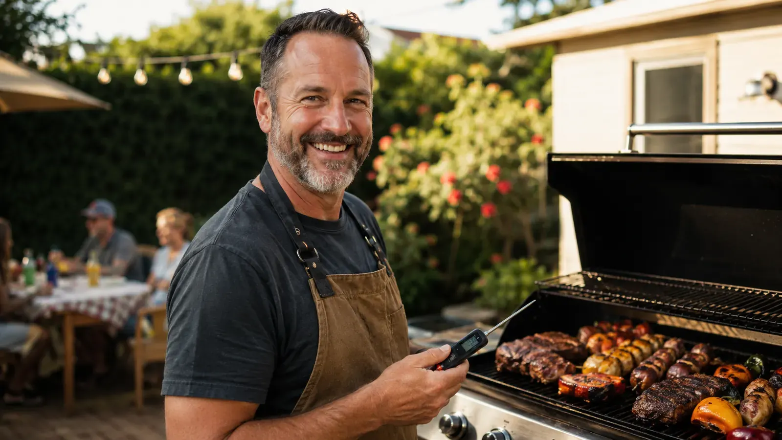 Backyard griller checking a thick ribeye steak on a charcoal grill with a red instant-read thermometer, smoke rising in late afternoon sun