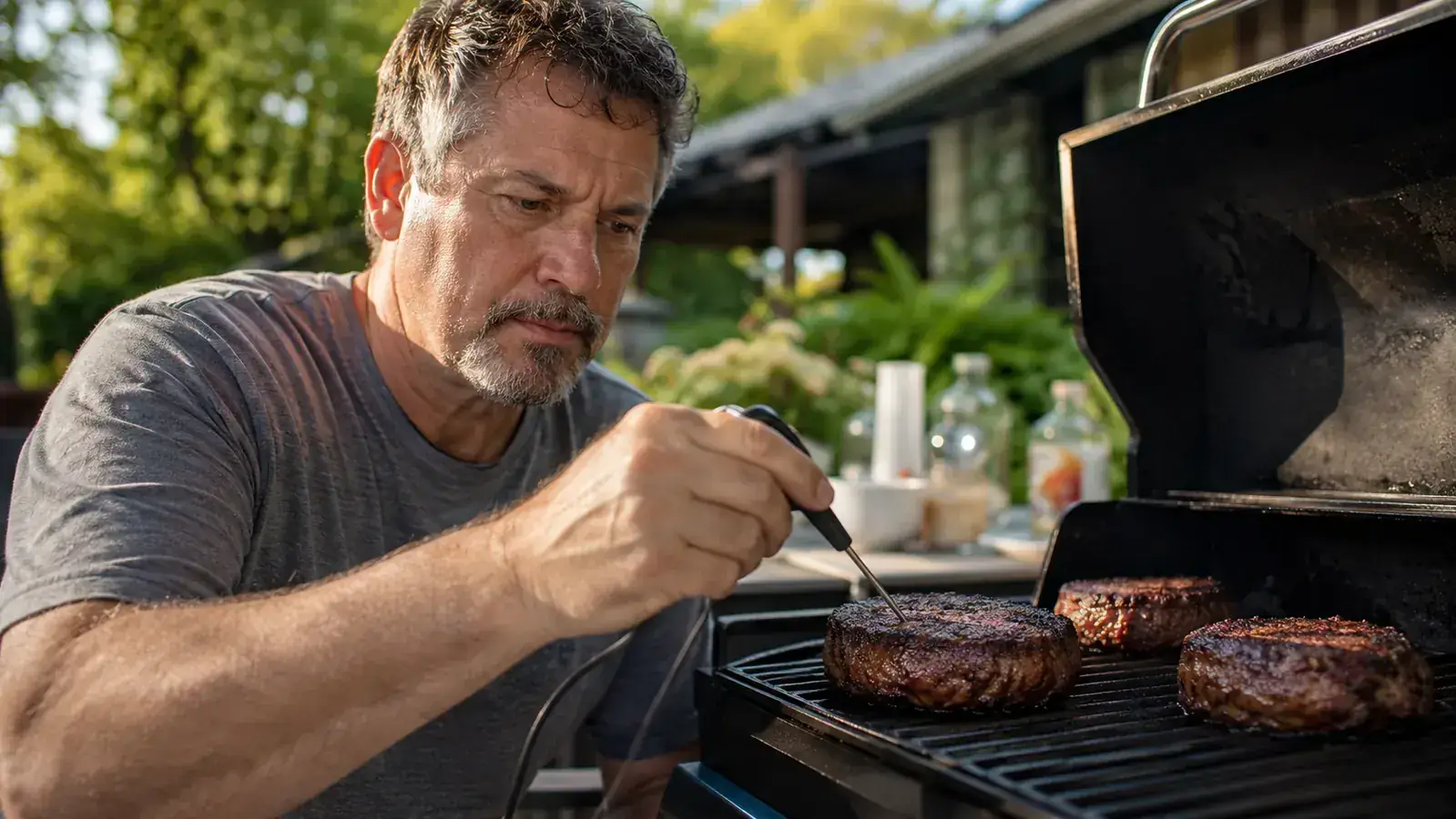 ThermoPro TP19H thermometer probe inserted into a raw brisket flat on a wooden cutting board, harsh side lighting, rustic outdoor setting