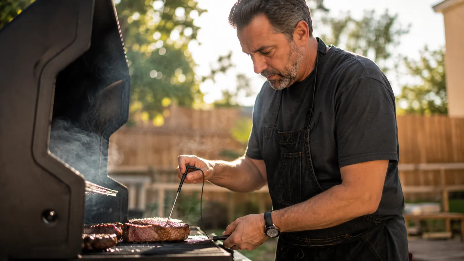 ThermoPro TP19H digital meat thermometer resting on a wooden cutting board next to a seared ribeye steak, backyard patio in warm evening light