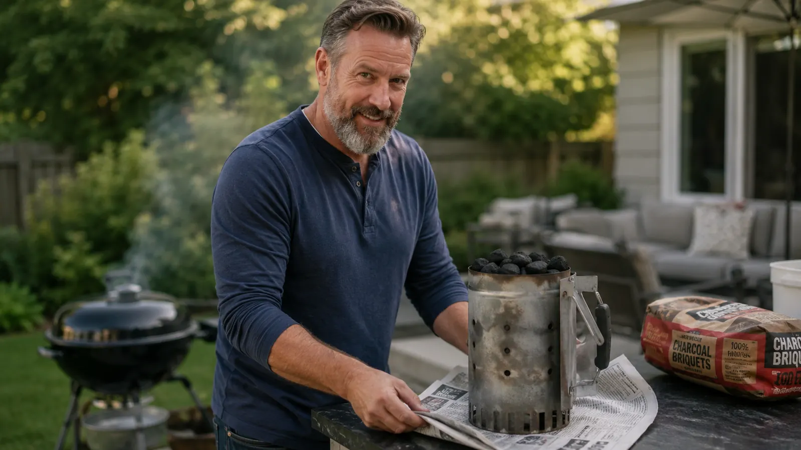Man holding a lit Weber chimney starter over a charcoal grill on a backyard patio at dusk, orange coals glowing through the vents