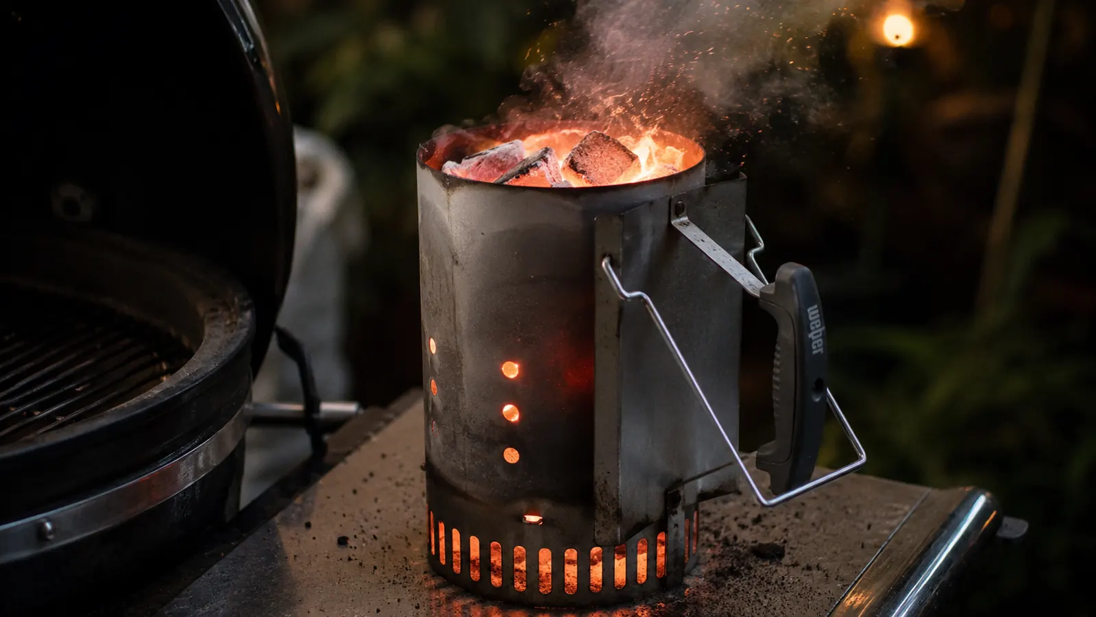 Weber Rapidfire chimney starter filled with glowing charcoal on a back porch grill grate at dusk