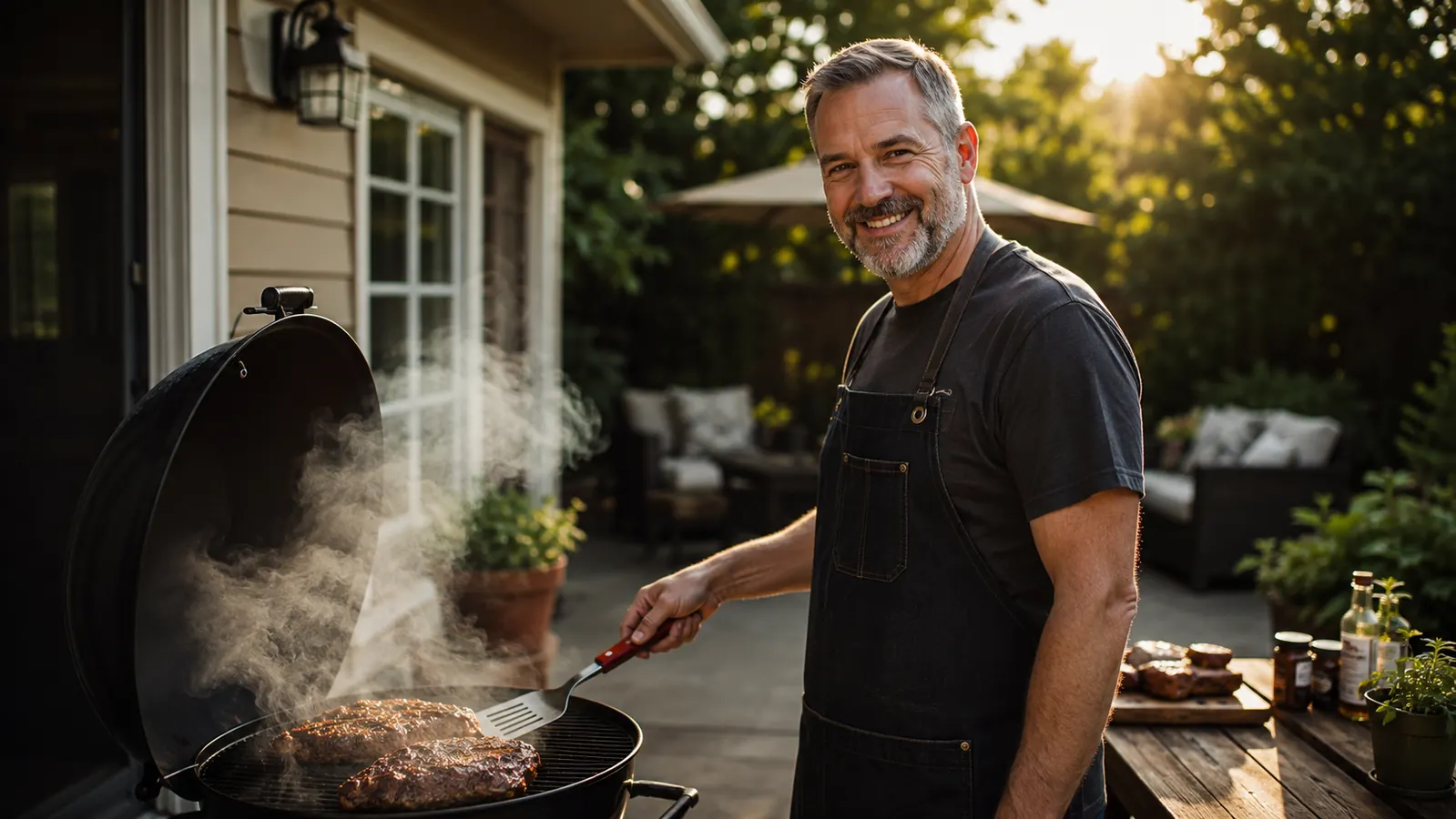 A man grilling on a Weber kettle on a backyard patio in late afternoon light, smoke rising from the vents
