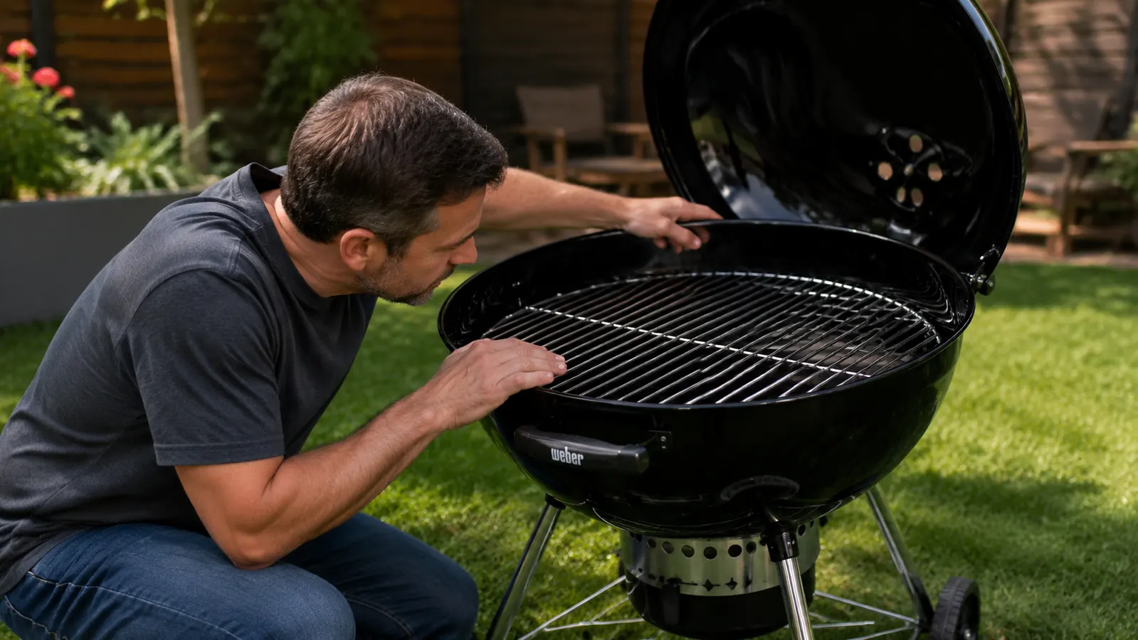 Close-up of the Weber kettle ash catcher tray full of gray ash after a long charcoal cook