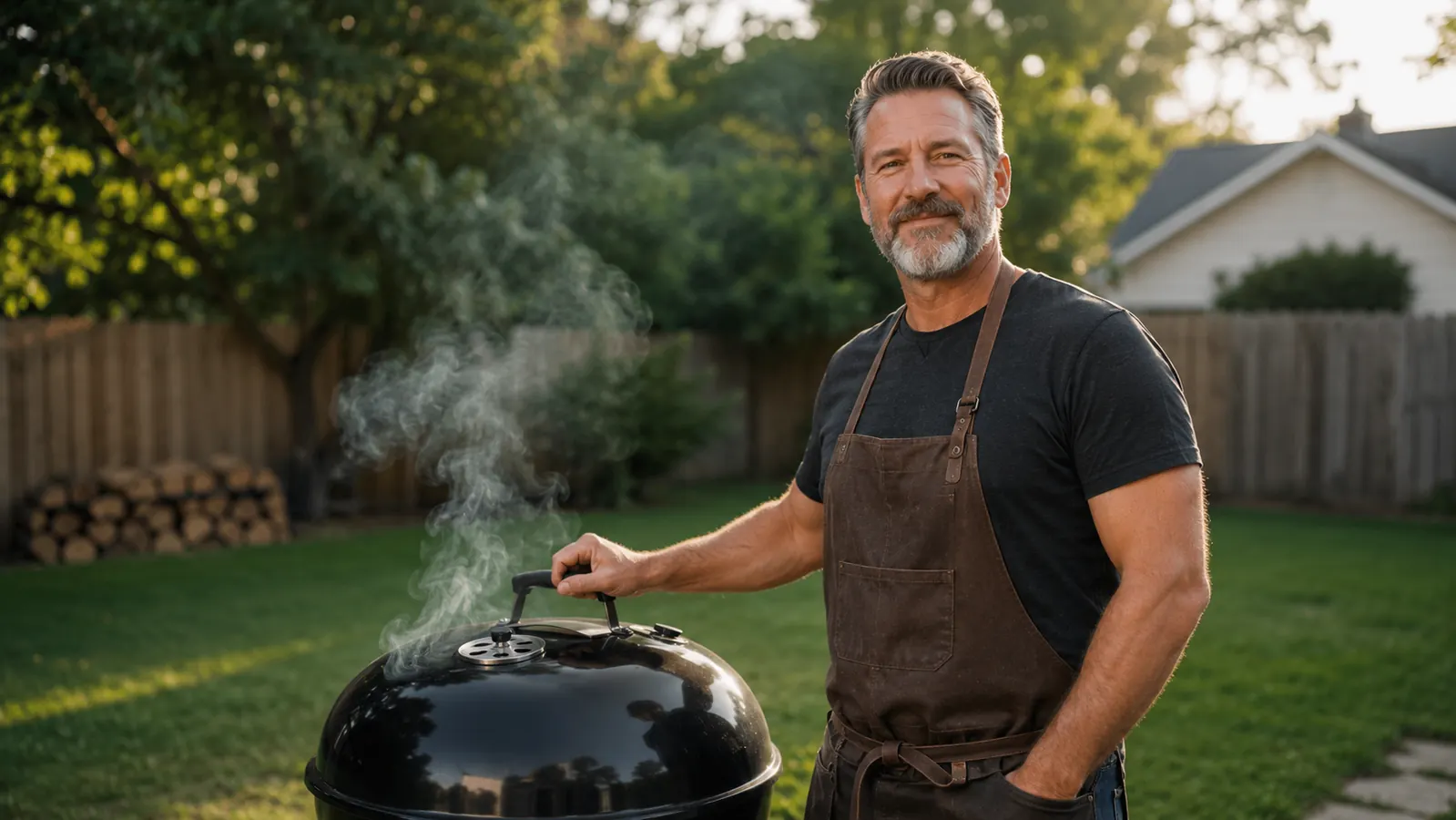 Weber 22-inch kettle grill glowing with charcoal on a backyard patio at dusk, tongs resting on the side handle