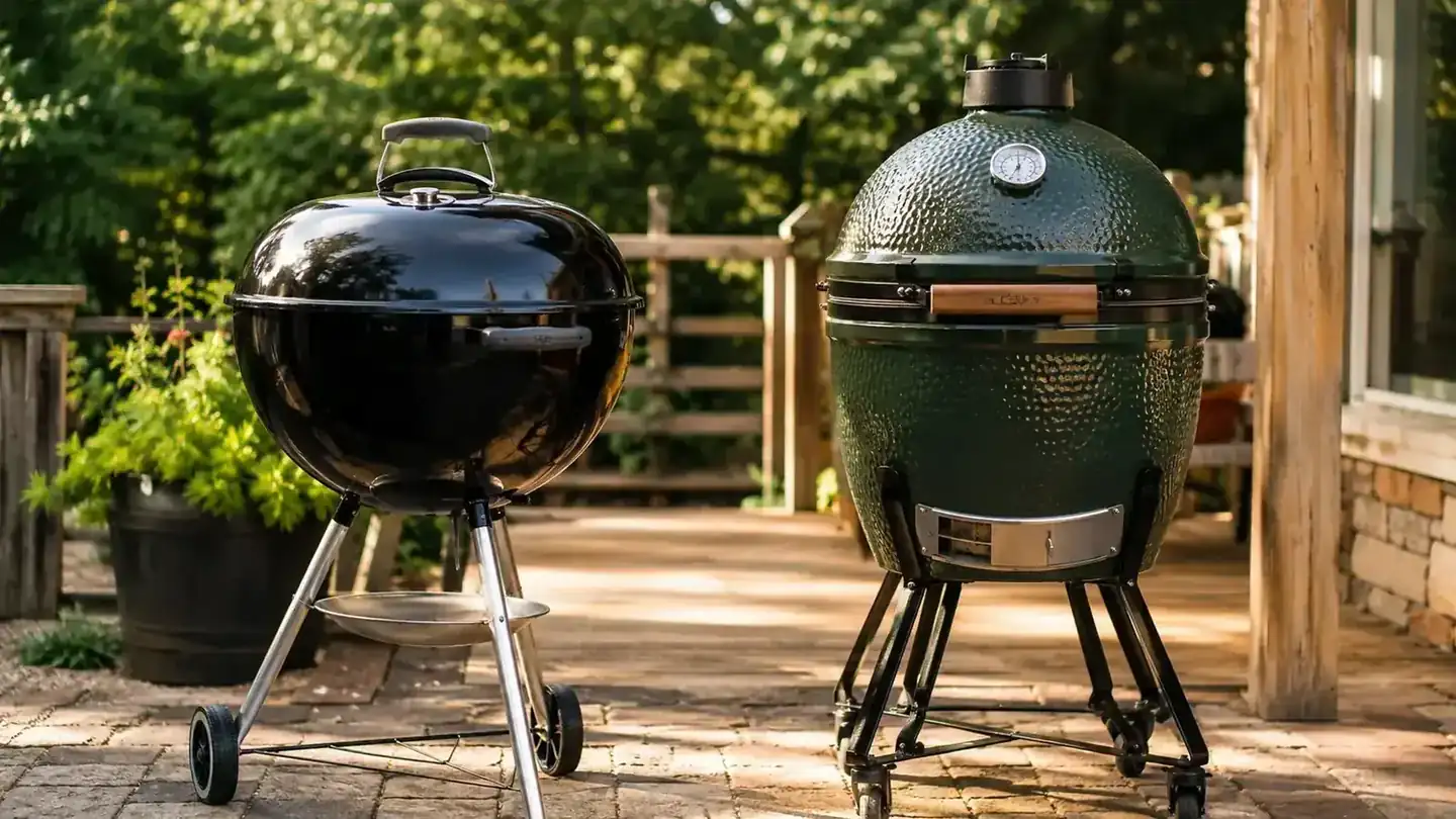 Weber kettle grill and a large ceramic kamado grill sitting side by side on a backyard patio in late afternoon light